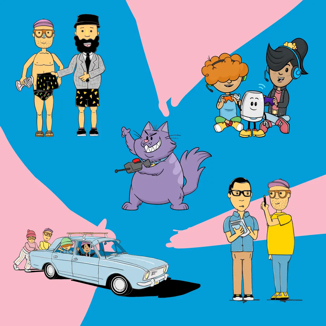 Illustrated scene showing cartoon people and animals in a variety of everyday activities.