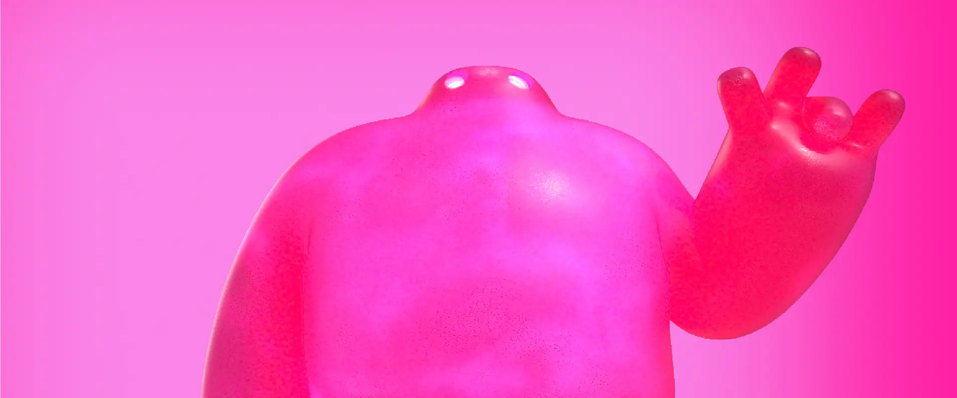 Abstract pink character with a raised hand against a pink background.
