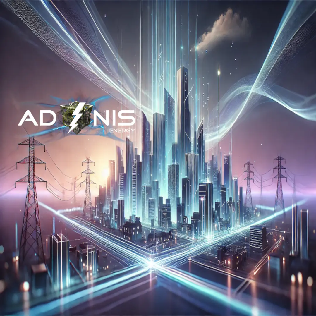 Stylised city skyline with glowing energy lines and power transmission towers, representing a connected electricity network.tbc