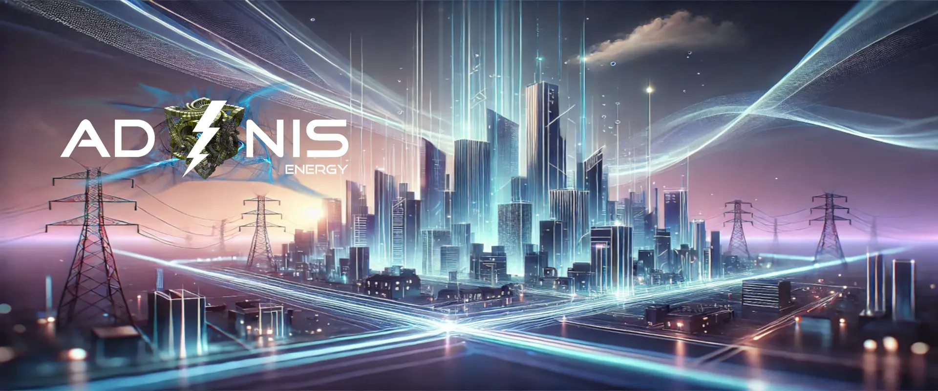 Stylised city skyline with glowing energy lines and power transmission towers, representing a connected electricity network.tbc