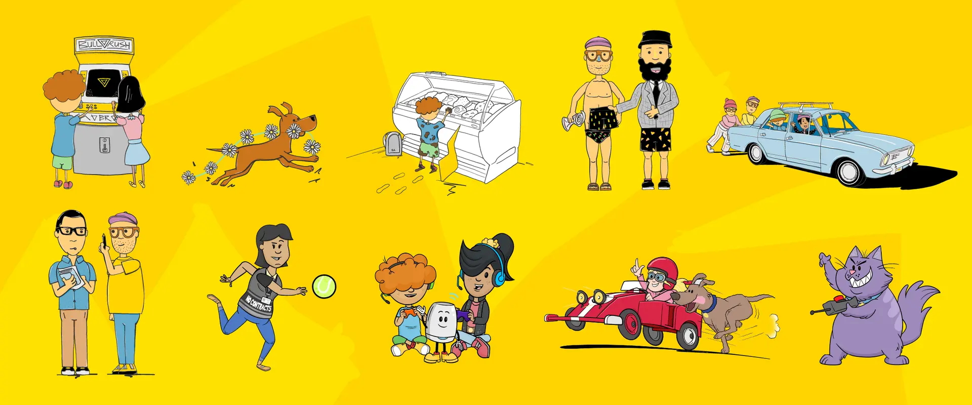 Illustrated scene showing cartoon people and animals in a variety of everyday activities.