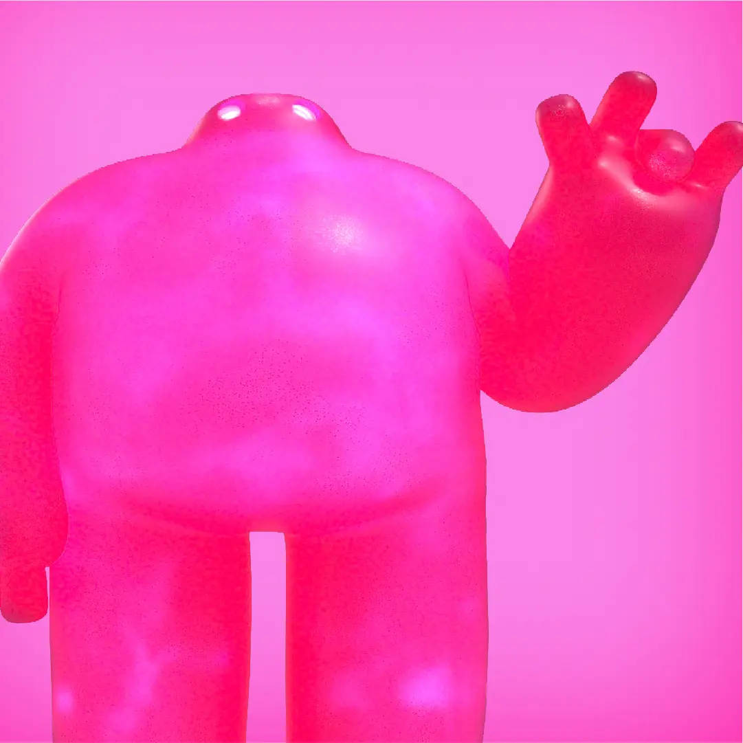 Abstract pink character with a raised hand against a pink background.